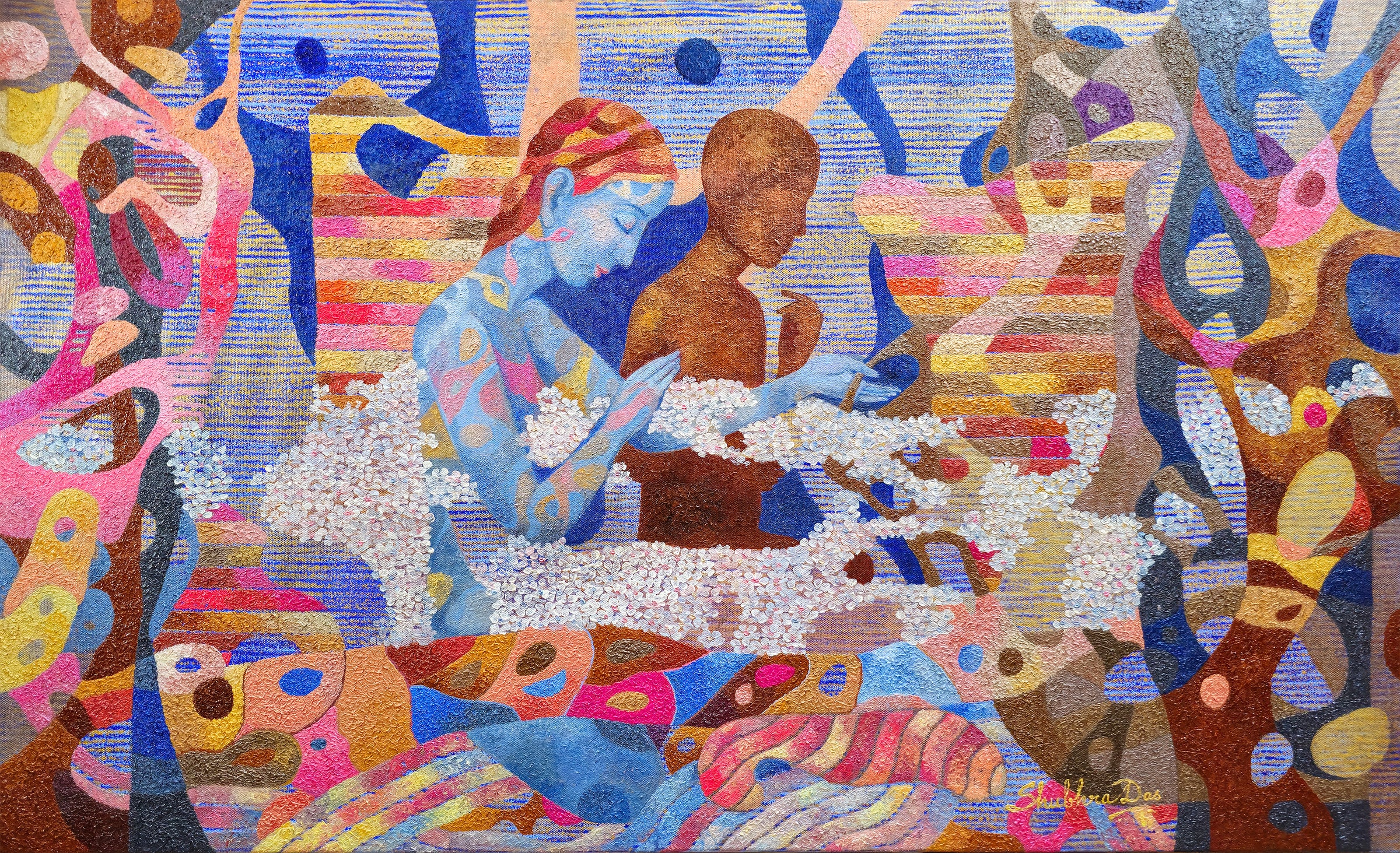 Abstract artwork with a couple placed in centre; a hydrangea carpet envelopes them.  