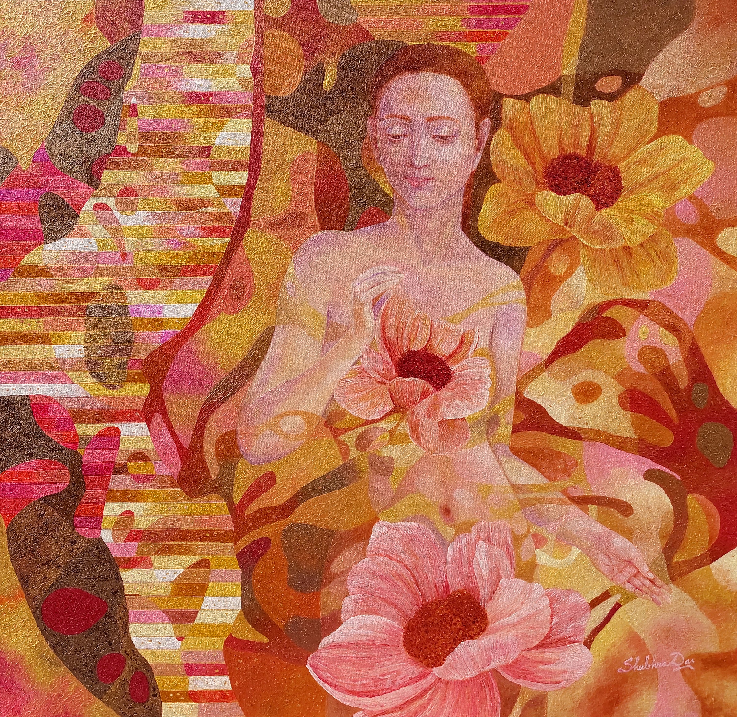 Artistic depiction of a woman holding flowers with abstract patterns and vibrant colors