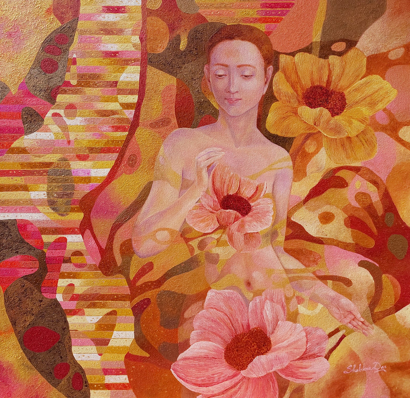 Artistic depiction of a woman holding flowers with abstract patterns and vibrant colors