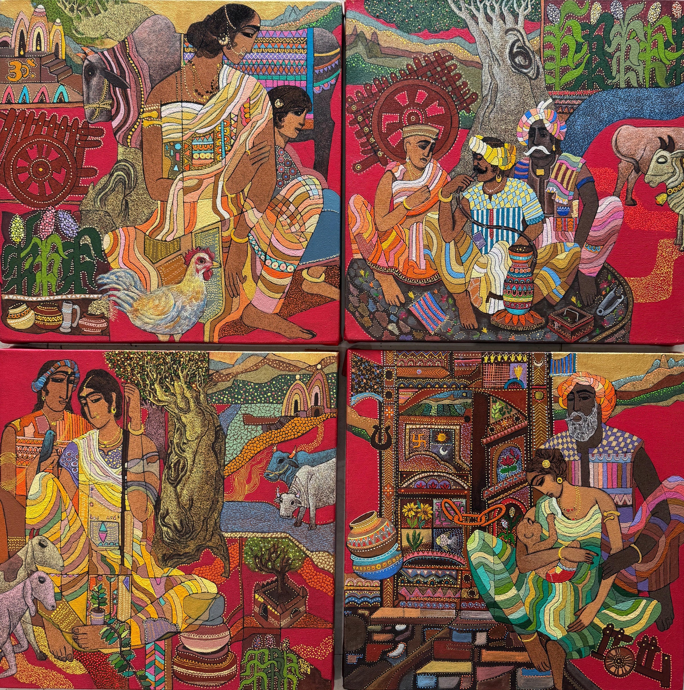Indian village miniature art set of four paintings showing rural daily life.