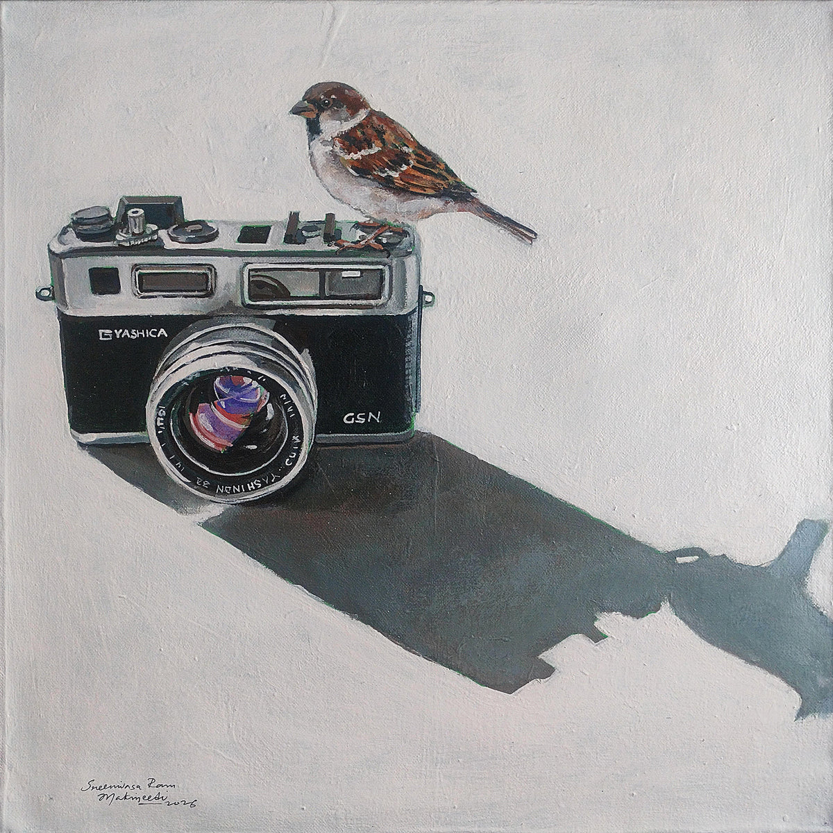 Realism Style vintage canvas art depicts a bird perched on an old black camera. 