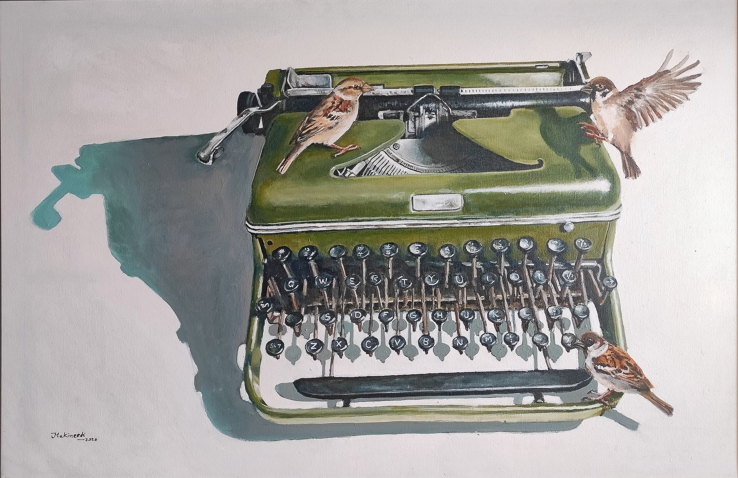 Sreenivasa Ram M vintage still life painting of worn typewriter. Three birds perch on same.
