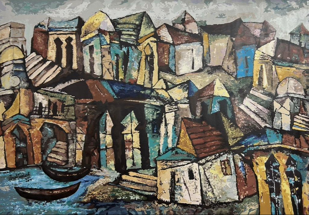 Abstract painting of a cityscape with buildings and a canal by Fawad Tamkanat.