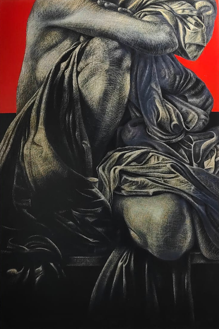 Oil Painting depicts draped figure against a red and black background