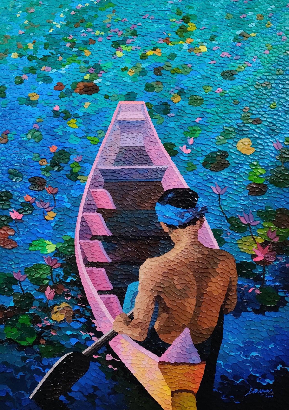 Large vertical Indian backwaters lpainting by Shraddha More featuring the bare back boatman rowing a pink boat through soft blue waters.