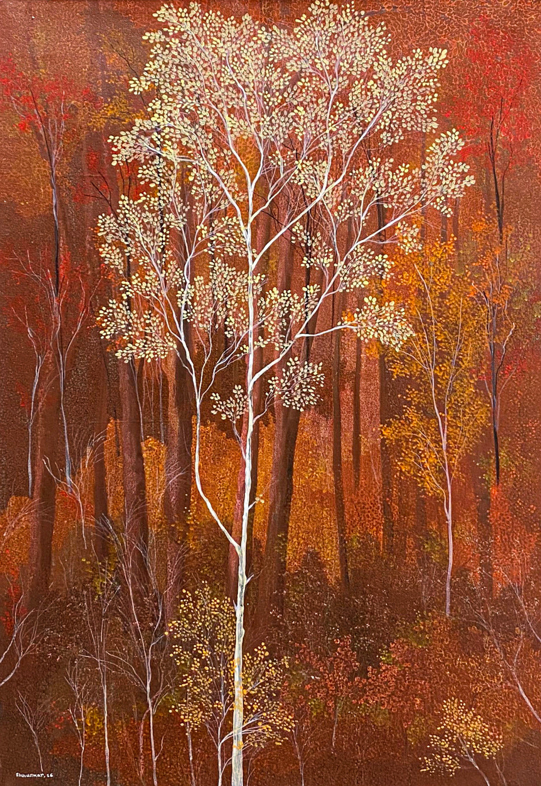 An autumn forest landscape canvas painting by Shuvankar Maitra. A Silver tree rises in rustic canvas backdrop.