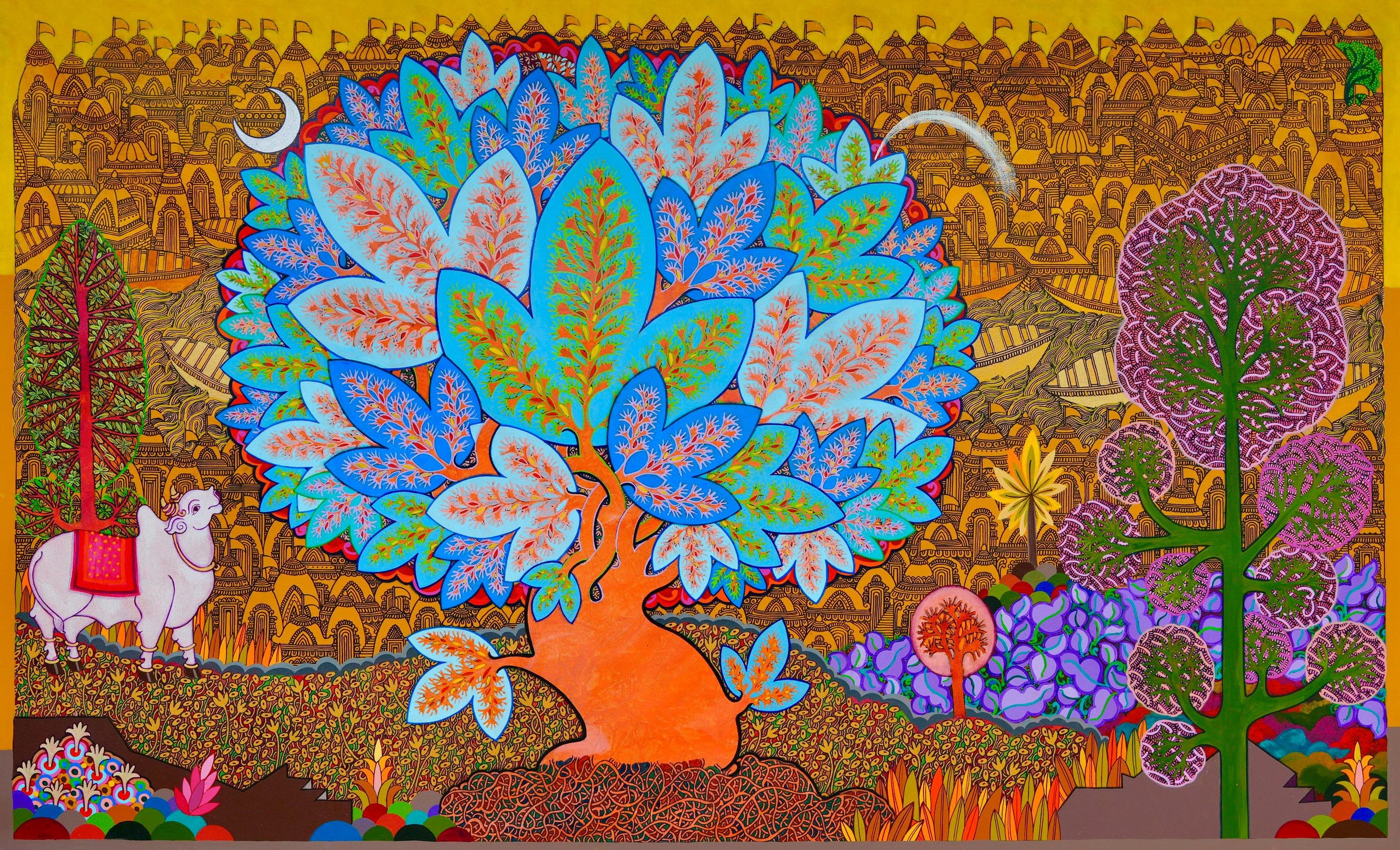 Lord Siva symbolism is depicted in the heart of tree of life. The Tree blesses the cityscape drawn in background. 