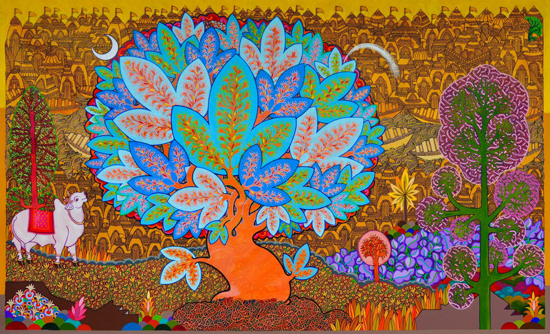 Lord Siva symbolism is depicted in the heart of tree of life. The Tree blesses the cityscape drawn in background. 