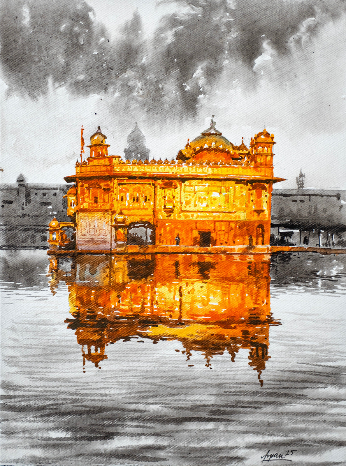 Small format sunlit Golden Temple painting in gold and monochrome by Arpan Bhowmik