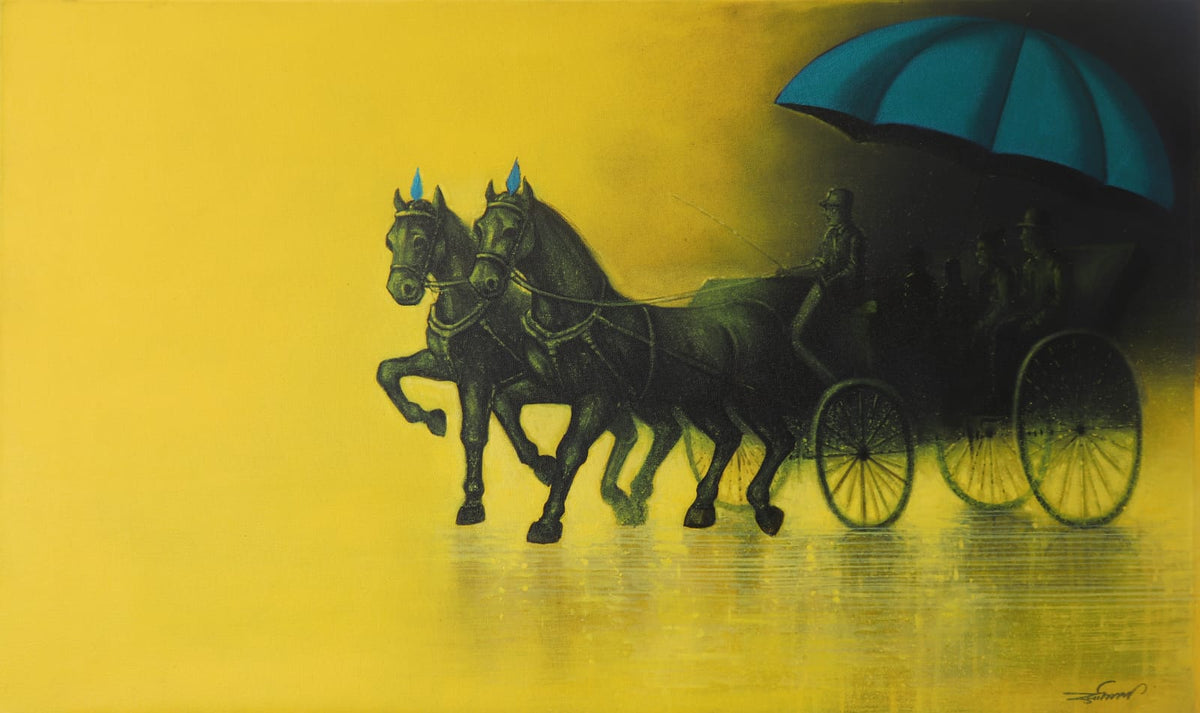 Contemporary Indian cityscape painting of a horse carriage driving on a rain-soaked street with water reflections and historic buildings by Somnath Bothe.