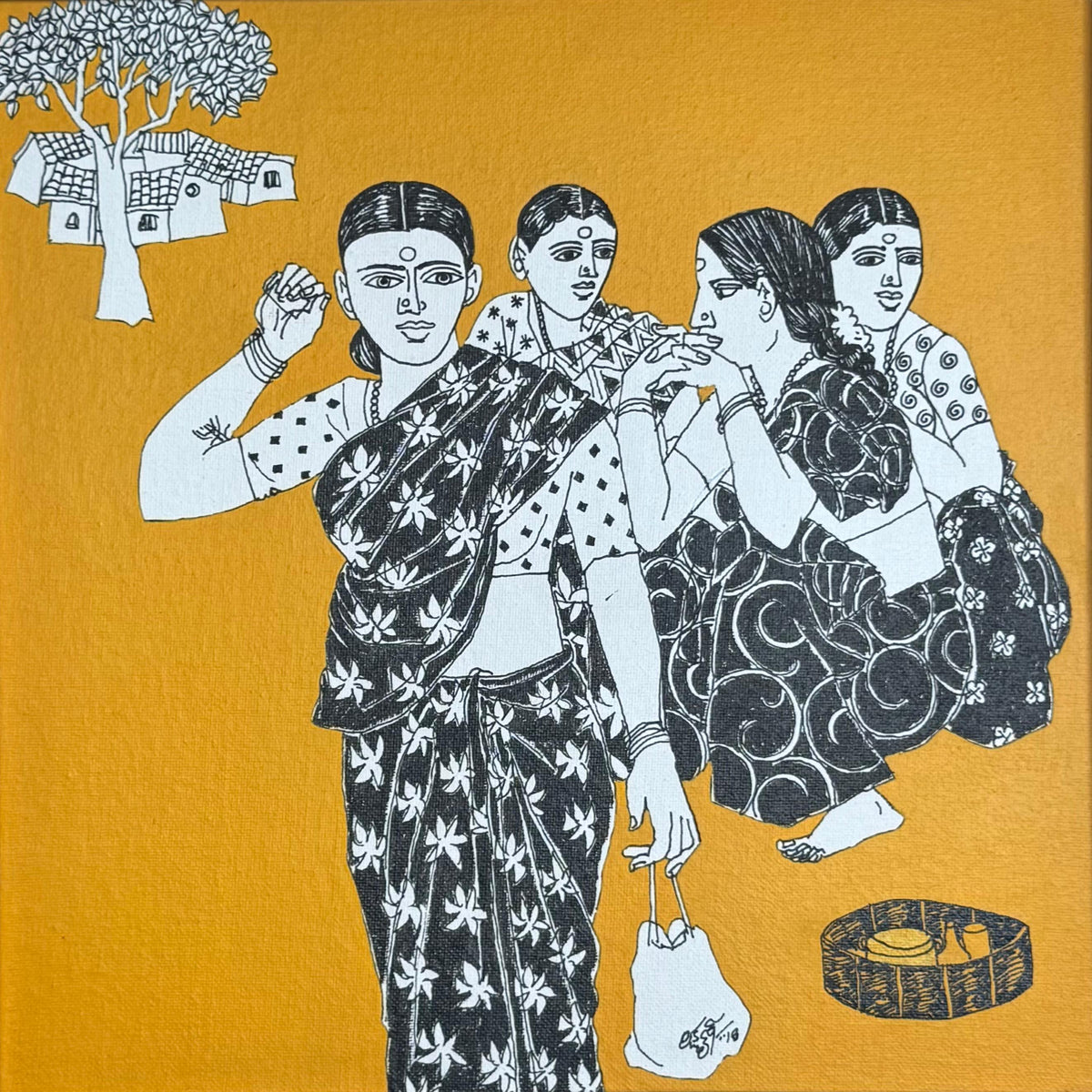 Artwork of four indian women in traditional attire on a yellow background in an Indian village setting.