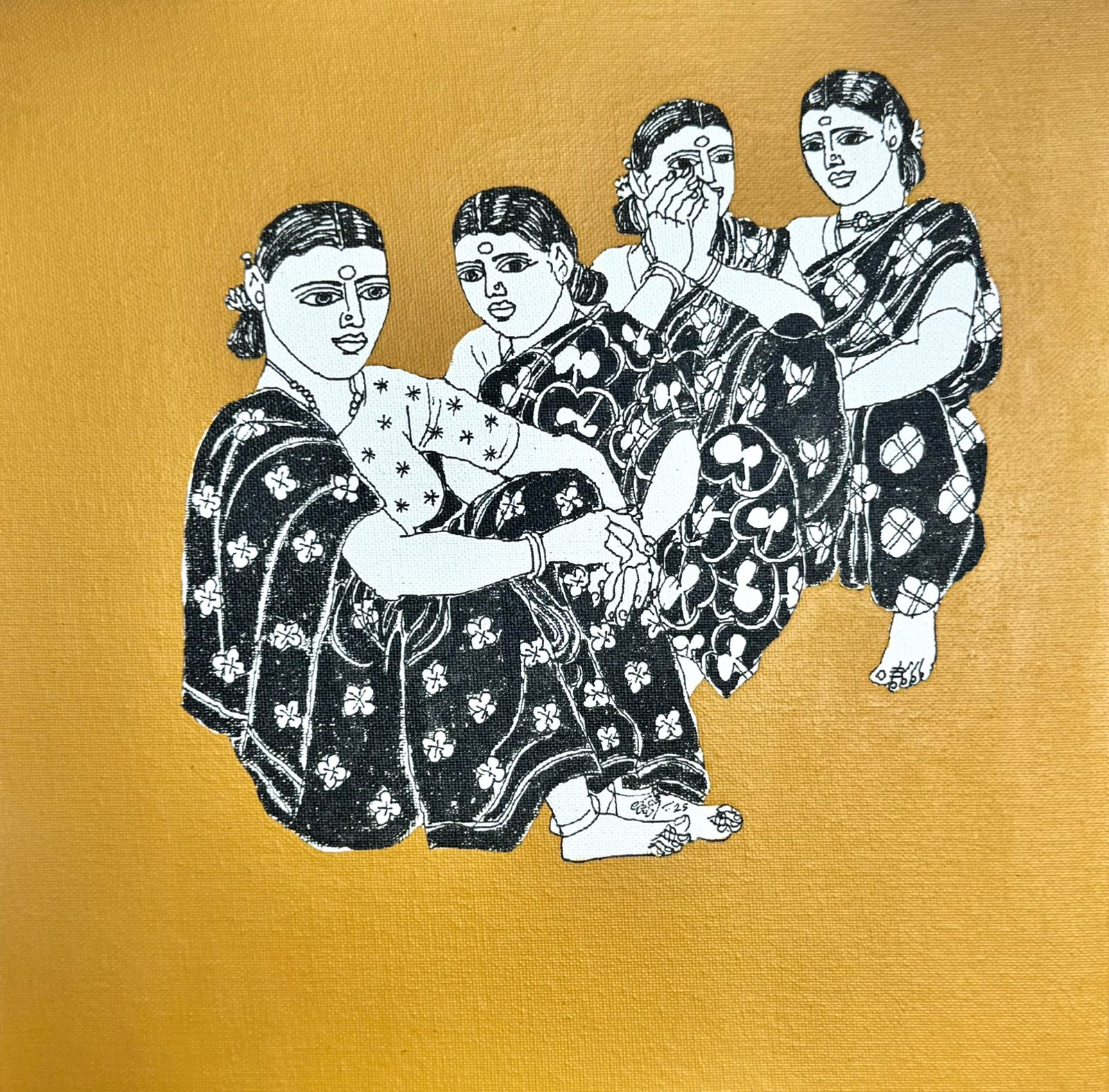 Black and white illustration of four women in traditional attire on a mustard yellow background. Art collectibles for senior and young collectors. Song of the Village series featuring native Indian woman. 