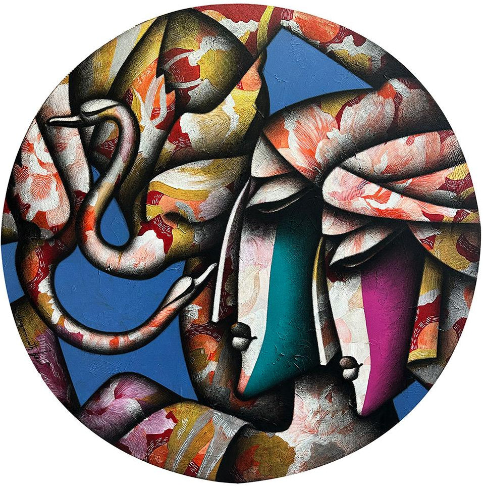 Circular vibrant art featuring a couple and pair of swans on blue canvas. 