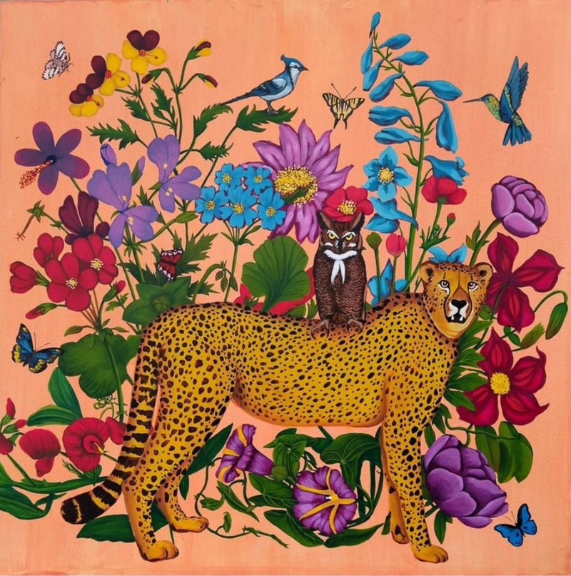 Artistic depiction of a cheetah among flowers and the wise on a peach background, signed 'Manisha Agrawal'.