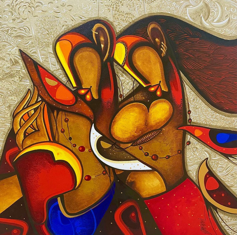 Colorful abstract artwork of two figures embracing on a textured beige background, with text indicating it is acrylic on canvas.