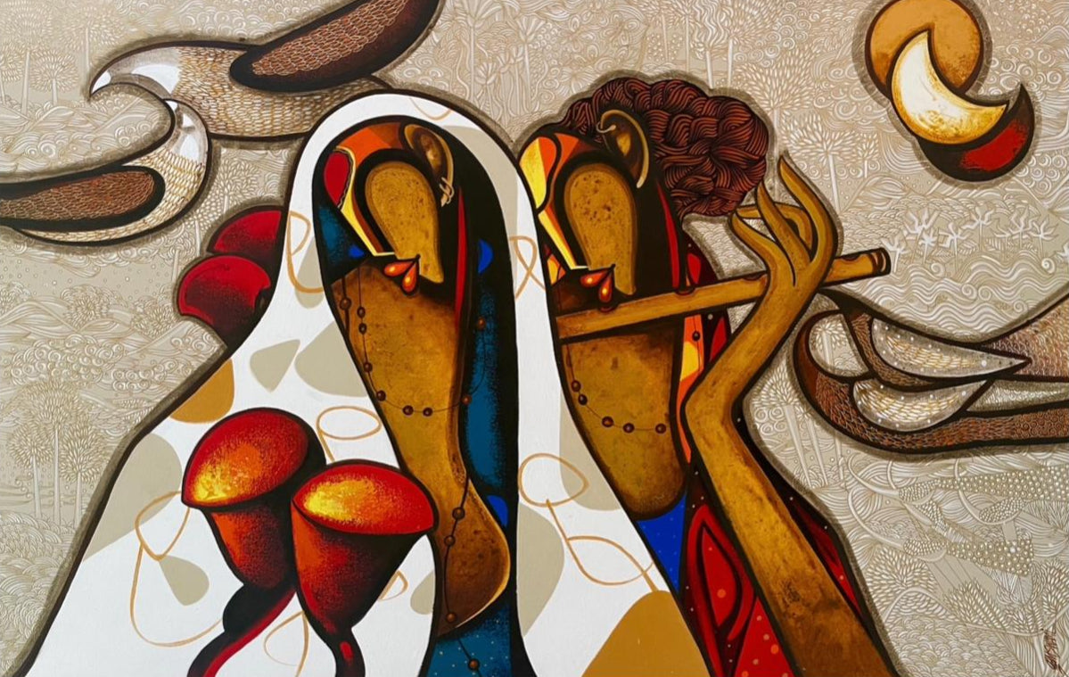 Om swami painting features Krishna with flute and Radha under a moonlit sky in a very contemporary style and rustic palette.