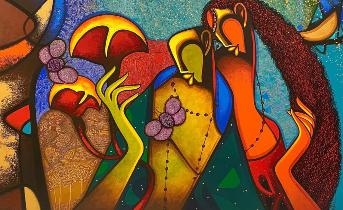 Colorful abstract artwork of two figures embracing under the night sky. Om Swami painting with a very unqiue composition.