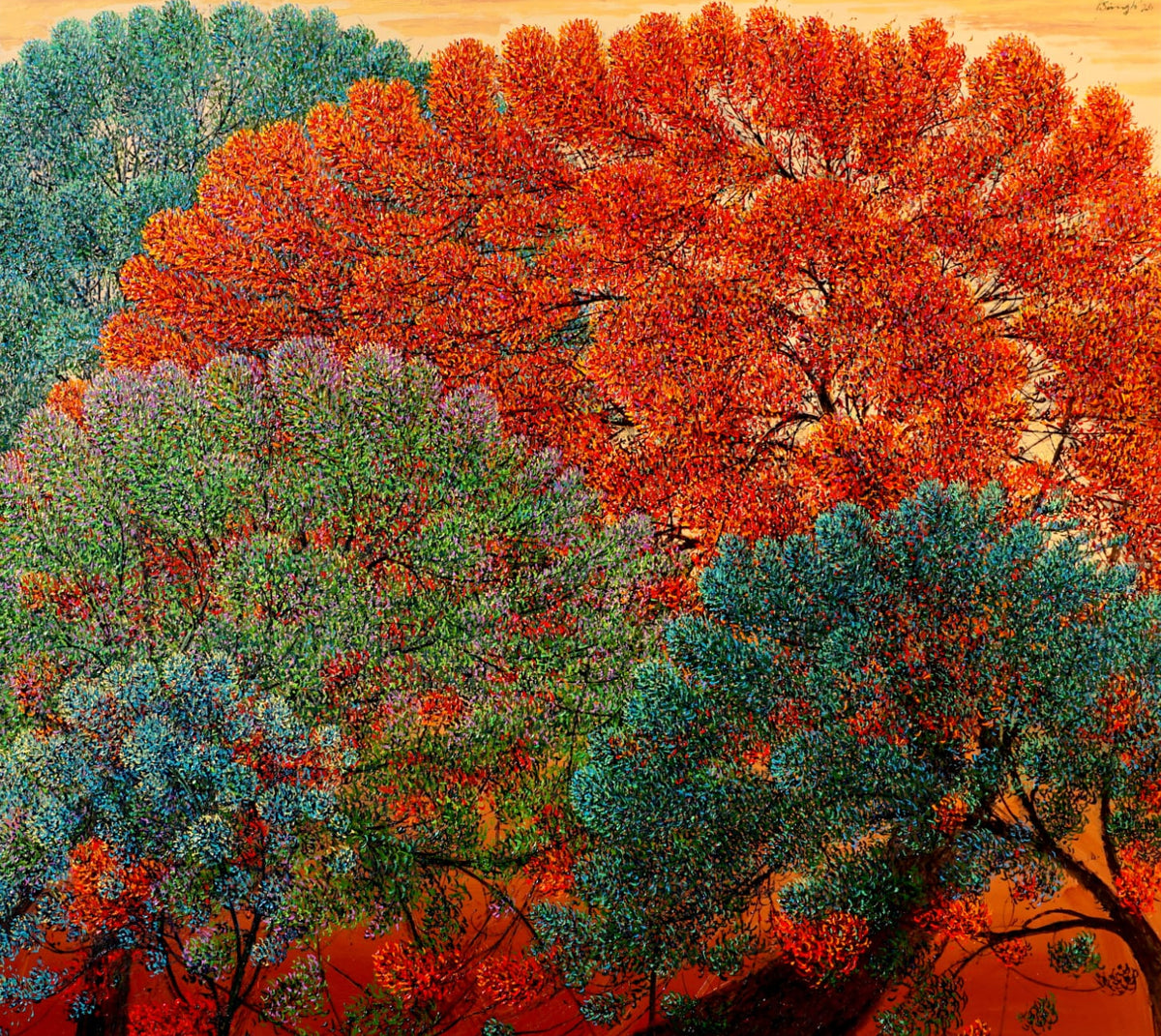 Nature landscape art of a wide orange and green trees cluster under an amber sky.
