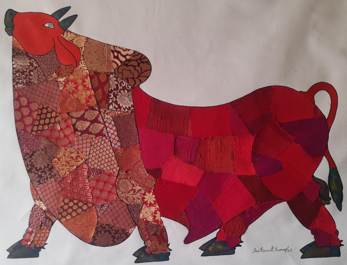 A beautiful Red Bull Nandi comes alive on canvas with an interesting play of texture and composition with red hues , depicting the playfulness and strength of Nandi the Bull. Artwork by Sreekanth Kurva