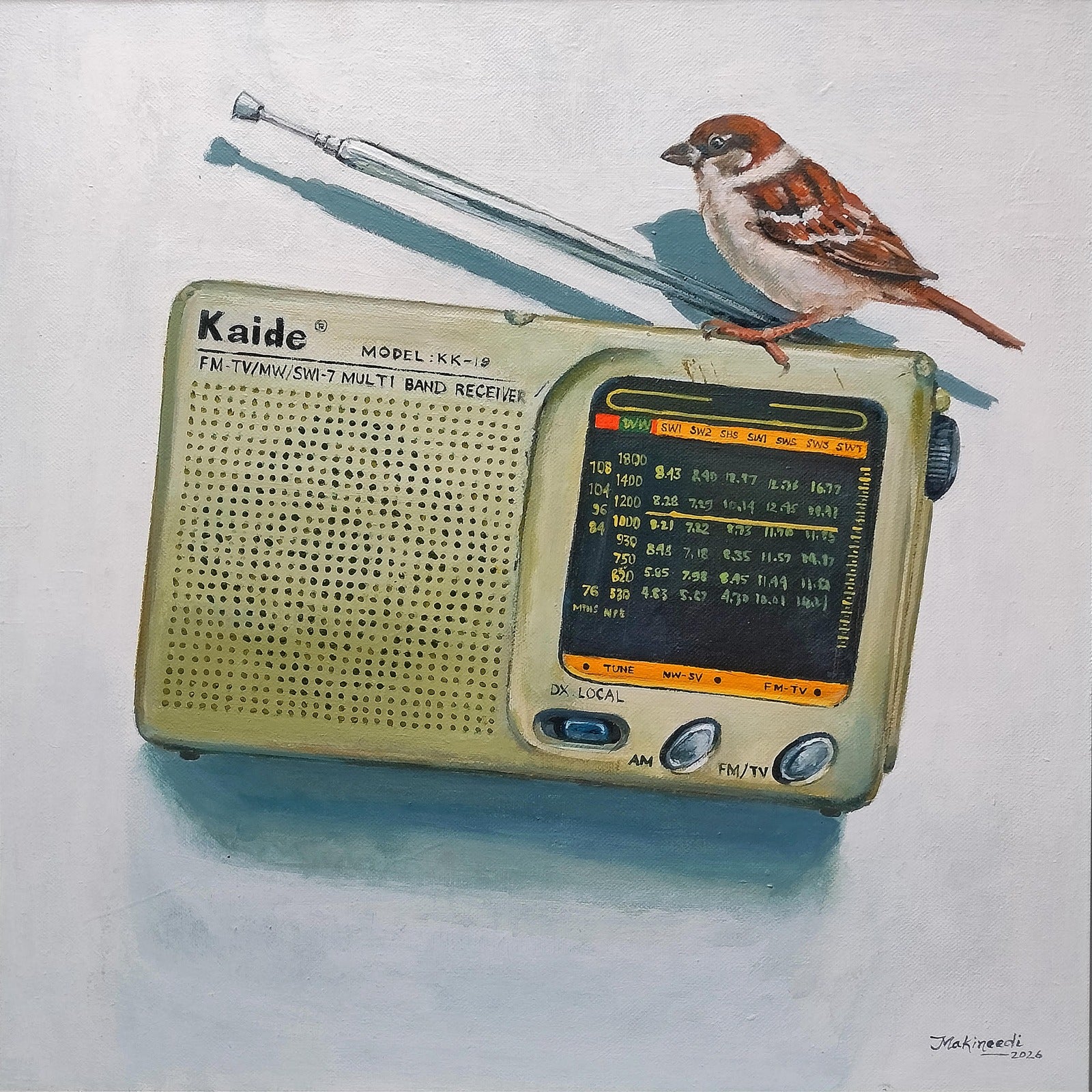 Sreenivasa Ram M vintage style canvas painting of a sparrow on a green radio.
