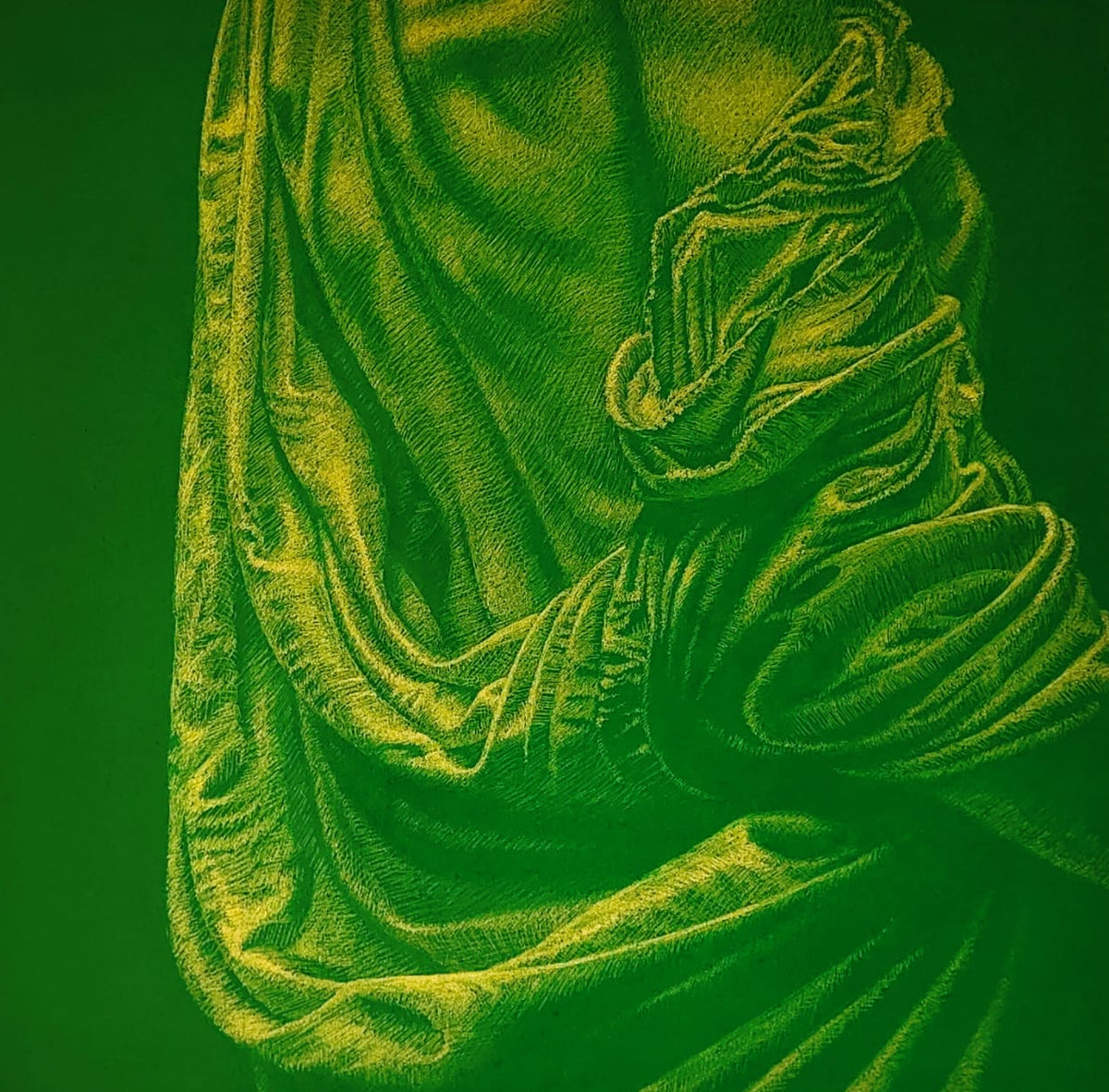 Green oil painting of a woman's nude back draped in soft satin cloth.