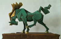 Dinkar Jadhav original fiberglass horse sculpture Strength and Speed on carved wooden stand.