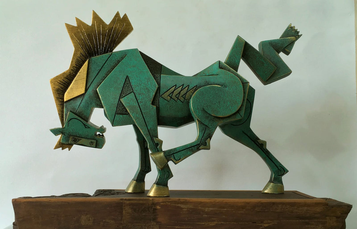 Dinkar Jadhav original fiberglass horse sculpture Strength and Speed on carved wooden stand.