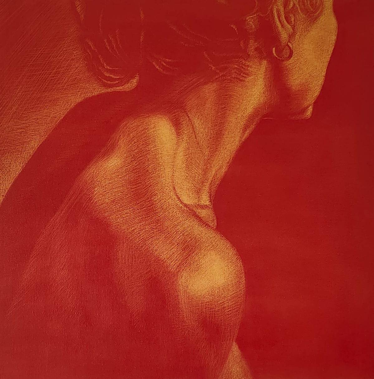 Vermillion tone oil painting of a woman's neck and back with etched safety pin lines.