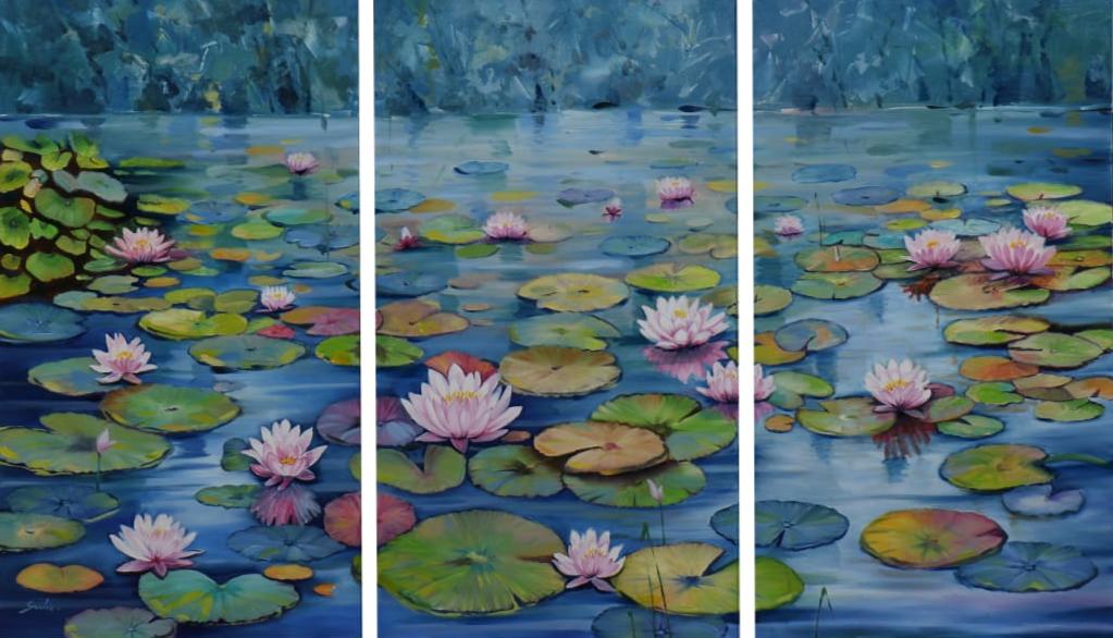 Sulakshna lotus pond 30  consists of a set of three panels with lotus flowers in the foreground and abstract foilage in background. Sulakshna uses sorbet shades in oil painting.