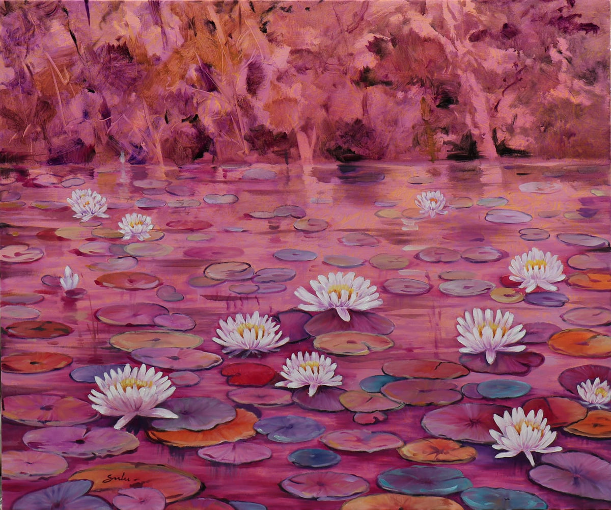 Sun sets by the lily pond.  Painting by sulakshna dharimdikari.