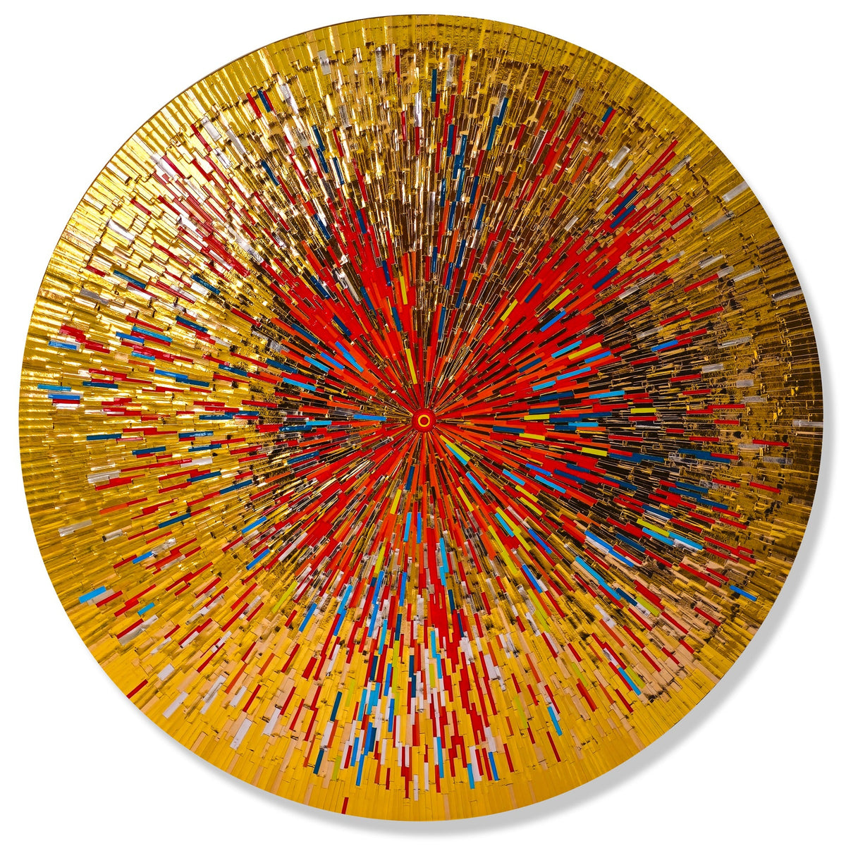 Suresh kumar creates mixed media work sticking small peices of paper on wood. Golden artwork carries bursts of red and blue