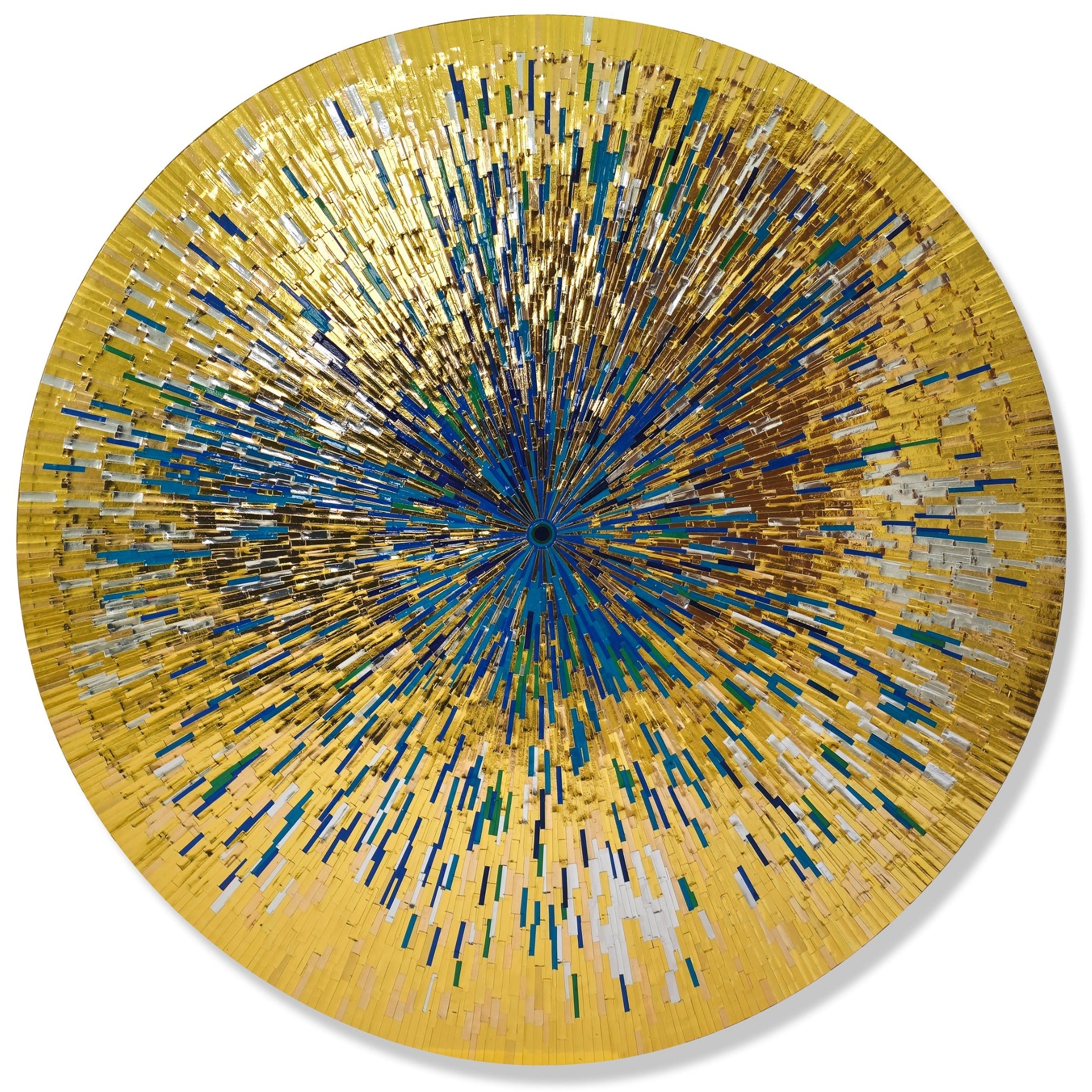 Circular abstract artwork made using mixed media. Strips of gold and blue paper are stuck in a geometrical pattern.