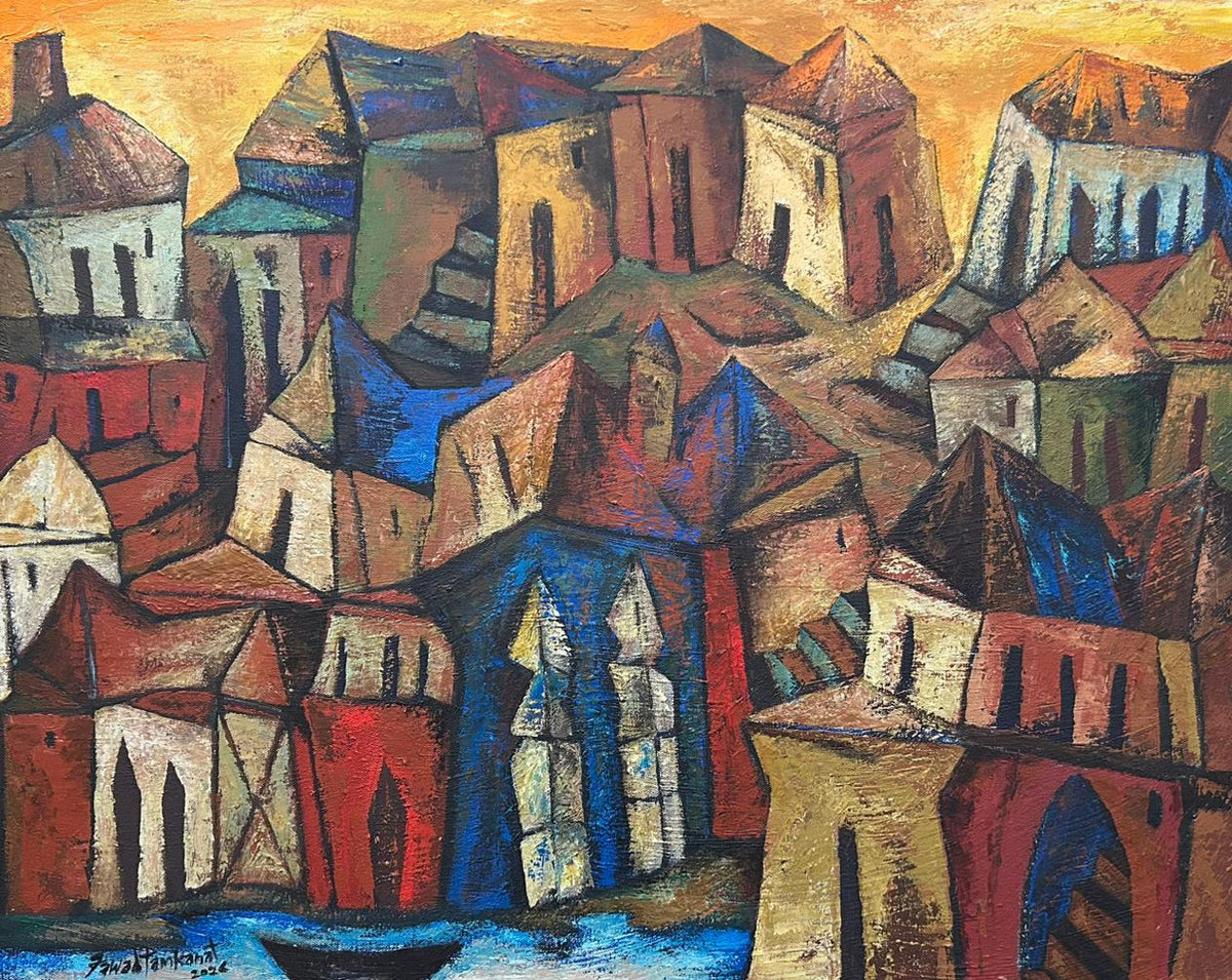 Sunlit cityscape by Fawad Tamkanat with yellow sky and primary tones.
