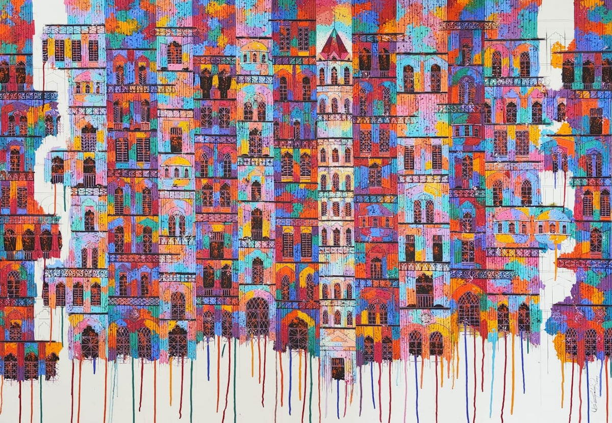 The artist  Suresh Gulage creates a vibrant cluster of towers. A butsling with activity and joy cityscapes.