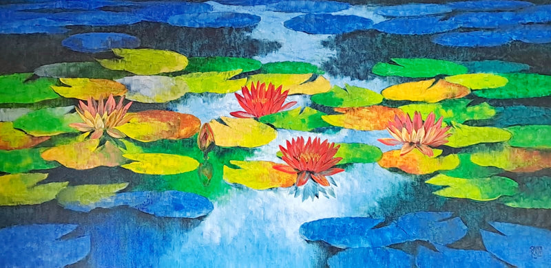 Swati Kale Painting featuring Waterlilies growing in a pond. The artist skilfully uses primary colors to depict the calmness around the pond.