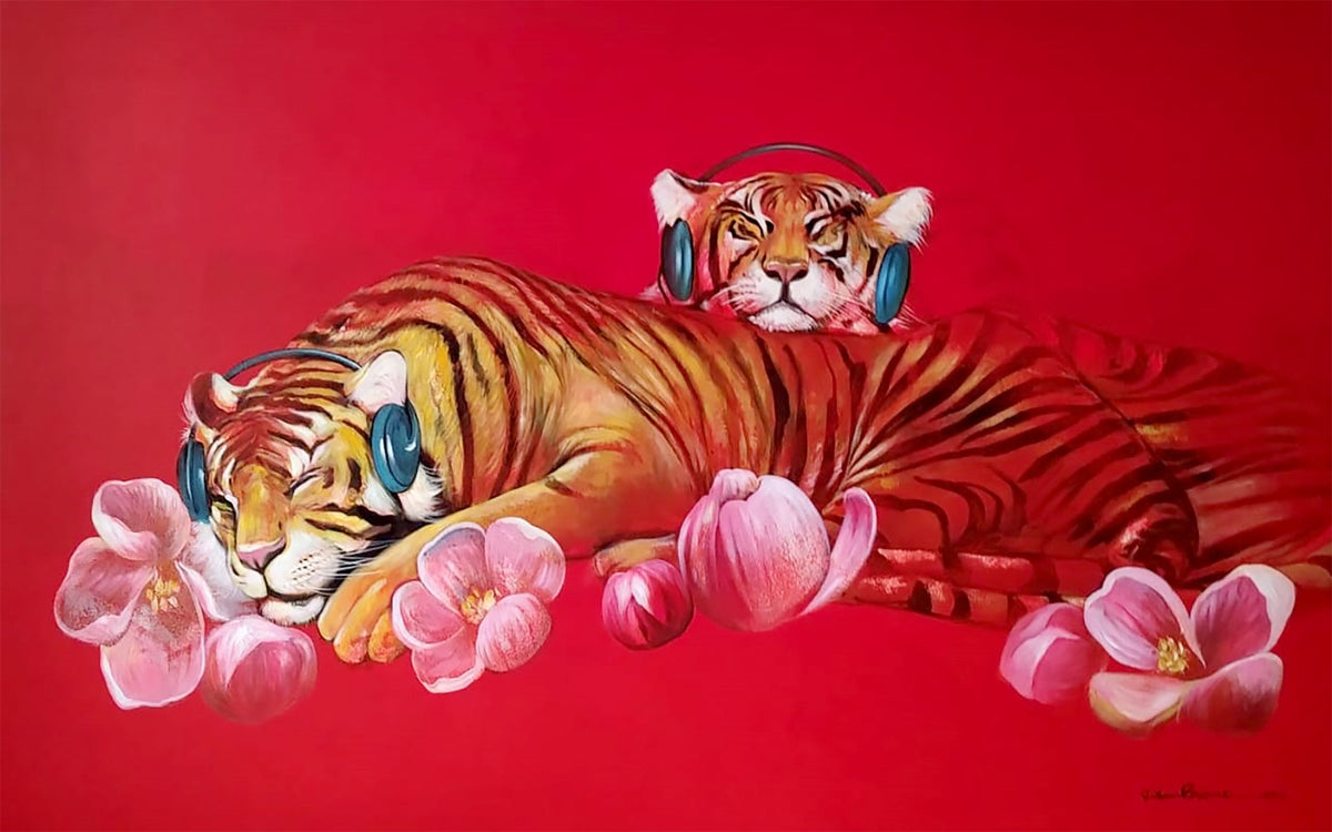 Jiban Biswas pop art canvas painting featuring two tigers wearing headphones on a red backdrop