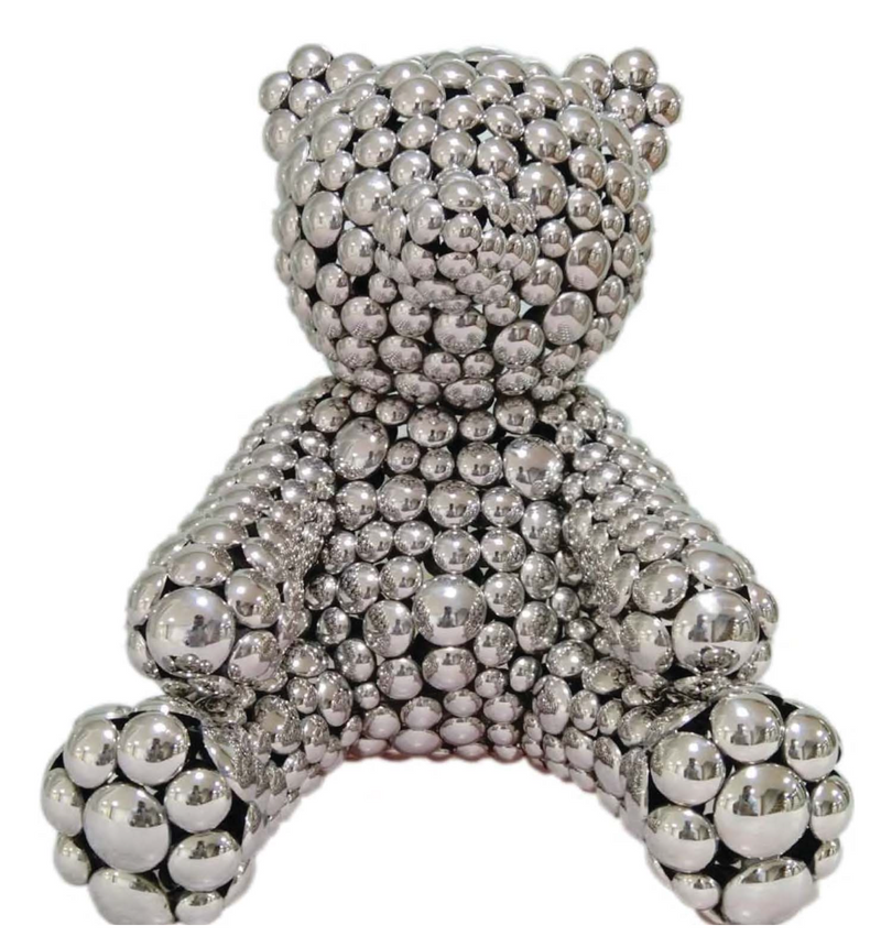 sculptor valay shende makes a teddy bear with metal balls fused together. 