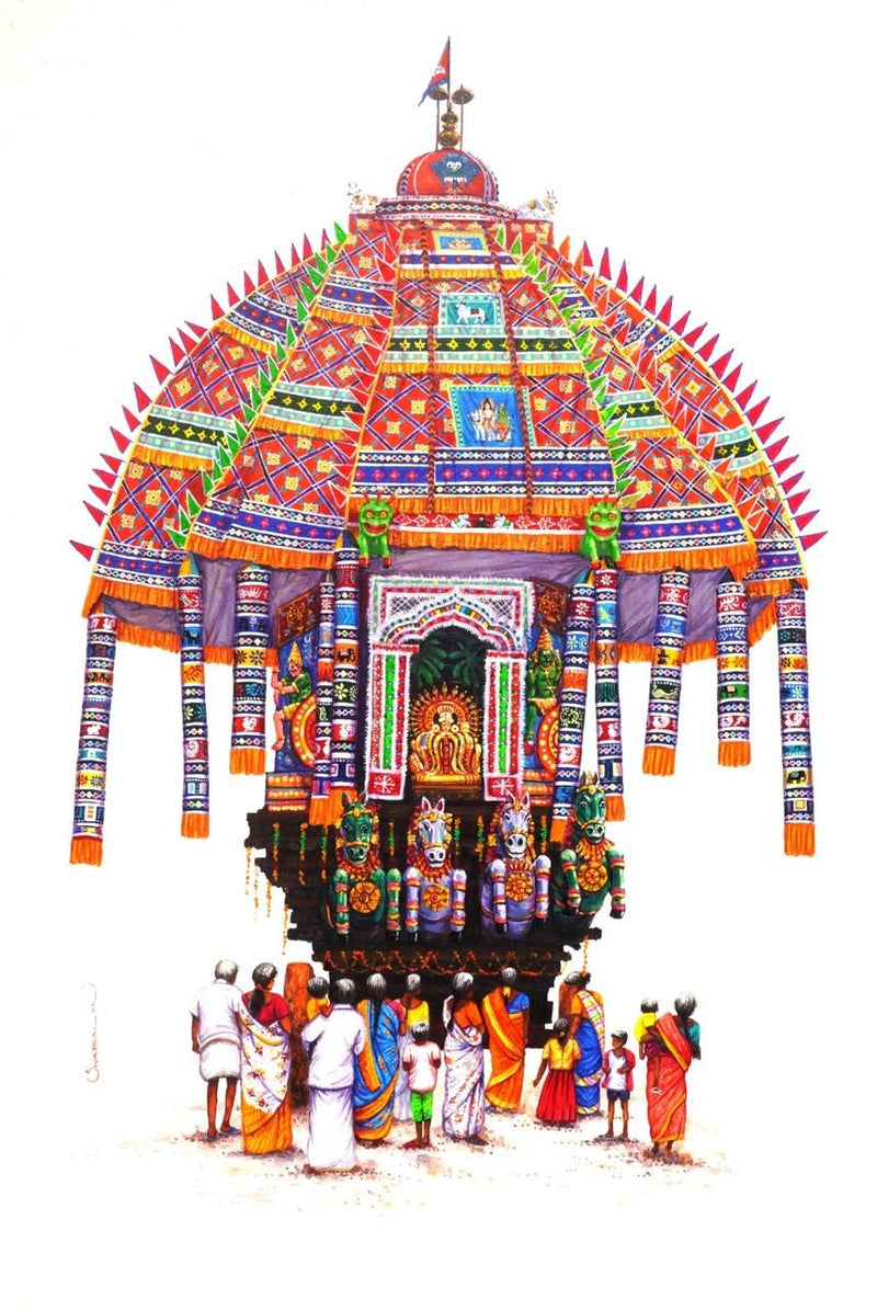 Colourful temple procession chariot structure with devotees around on a white background