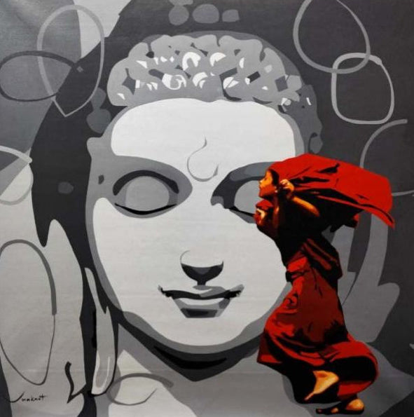 Artistic depiction of a monochrome Buddha figure with a young monk passing by in monk robes on windy day.