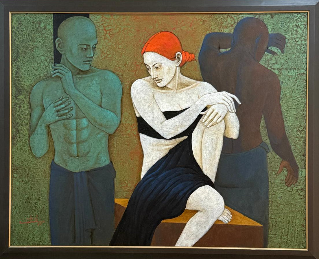 Seated woman in blue cloth on a pedestal with two men in the background against a textured wall.