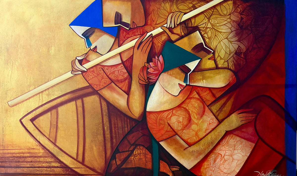 Large painting by Nawal Kishore, featuring couples in a boat on a golden canvas with primary color accents.