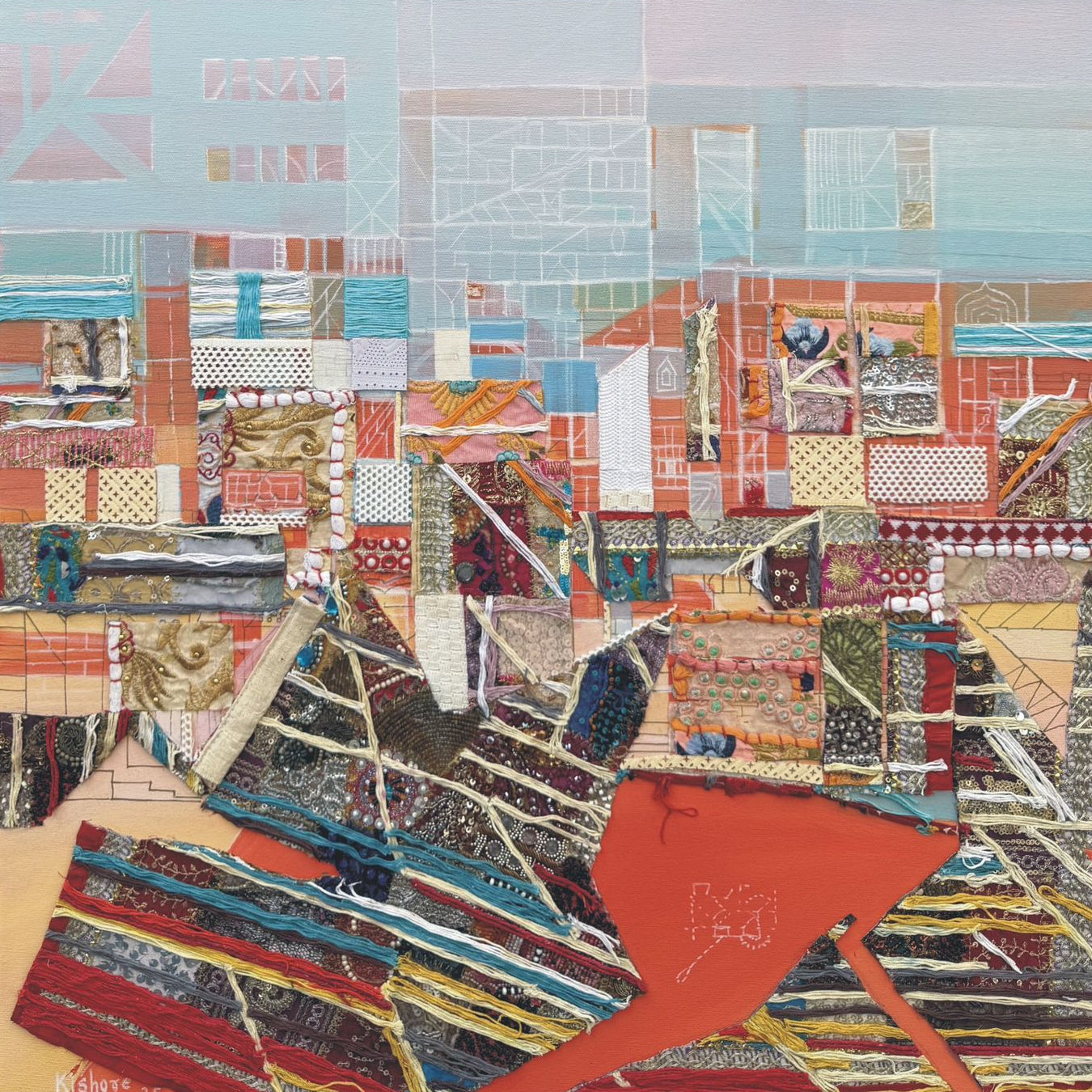 Abstract art piece titled 'The Architecture of memories-III' by Kishore Kumar, featuring geometrical abstract elements that appear to mirror city architecture.