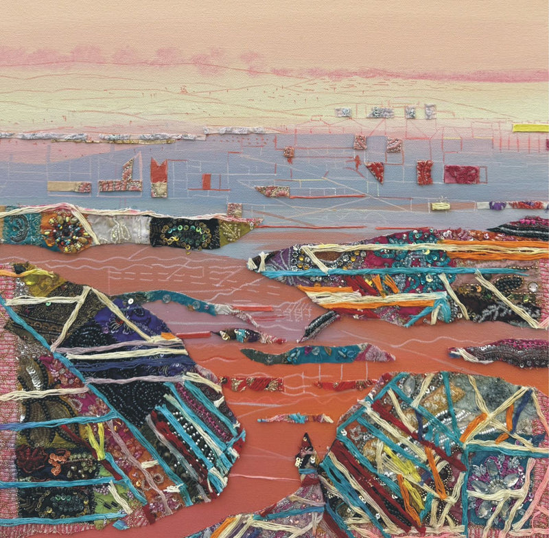 Colorful abstract artwork on canvas with geometric patterns.