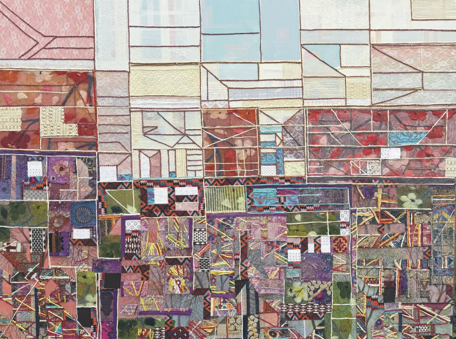 Colorful abstract patchwork art piece by Kishore Kumar titled 'The Architecture of memories-X' resembles city arhcitecture.