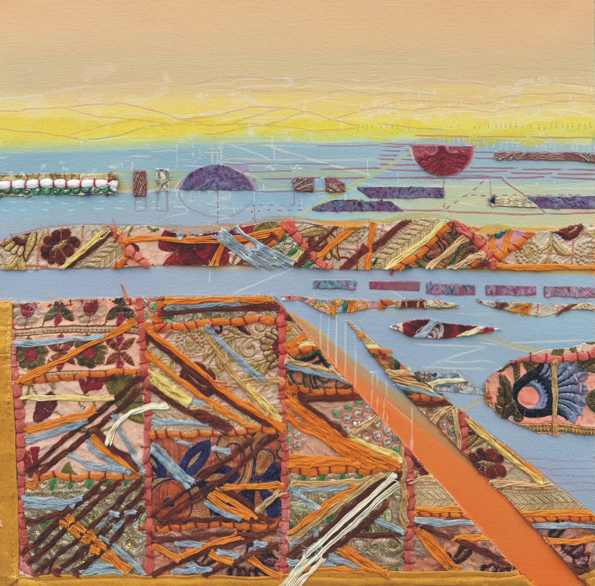 Artistic depiction of a landscape with geometric shapes and patterns, featuring a mix of media on canvas.