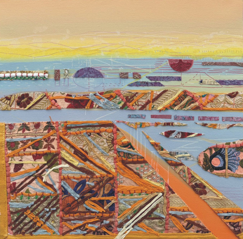 Artistic depiction of a landscape with geometric shapes and patterns, featuring a mix of media on canvas.