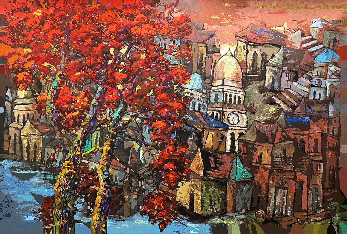 Colorful abstract painting of a cityscape with red trees and architectural elements. Cityscape captured in golden hour. 