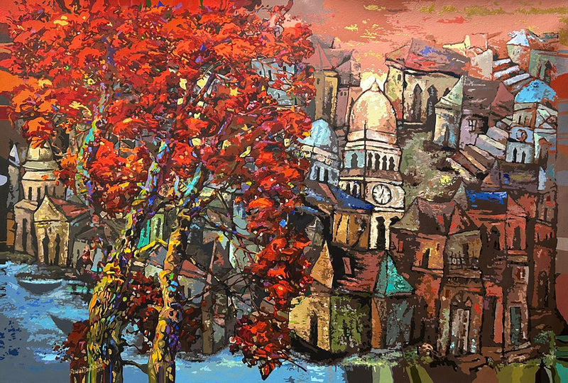 Colorful abstract painting of a cityscape with red trees and architectural elements. Cityscape captured in golden hour. 