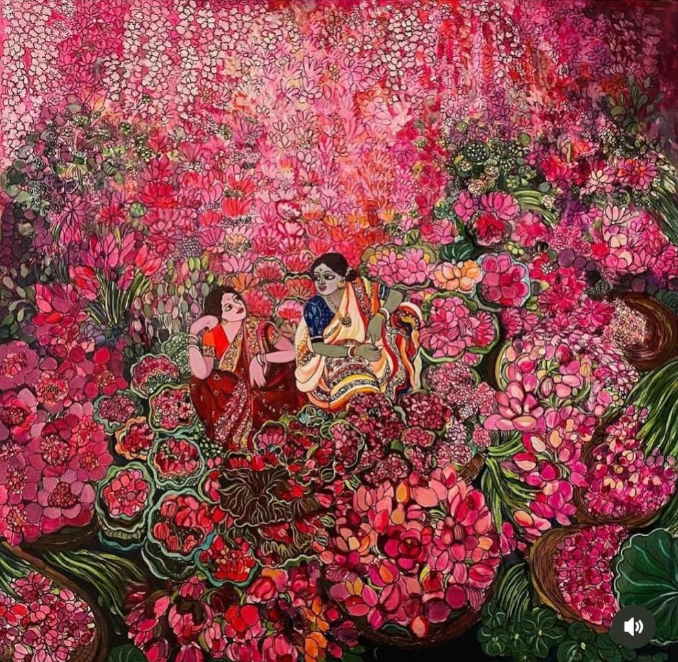 Original painting by Chaitali De Chanda showing two Indian women garlanding fresh flowers in a lush outdoor market.