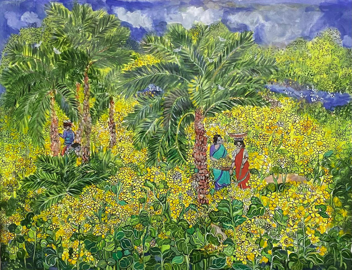 Chaitali Chanda painting depicts flower pickers seated amidst a sea of lush yellow blooms.